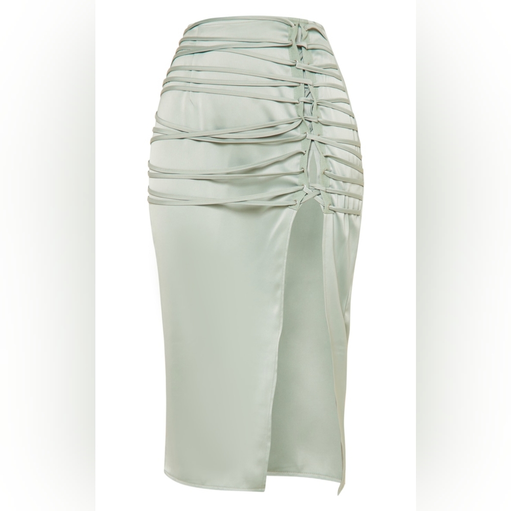Sage Khaki Satin Lace Up Back Midi Skirt